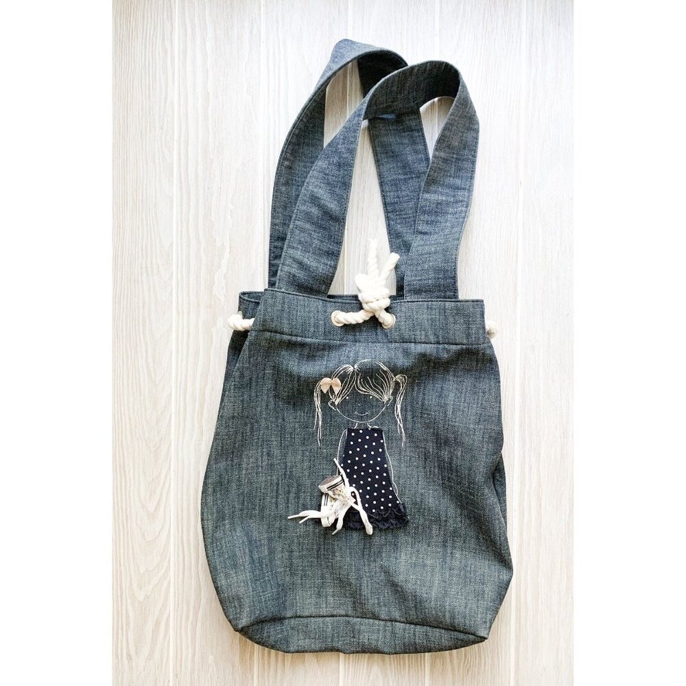 Little Girl Chambray/denim Tote Bag With Mixed Media Details